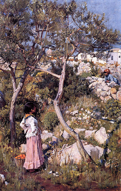 Two Little Italian Girls by a Village John William Waterhouse